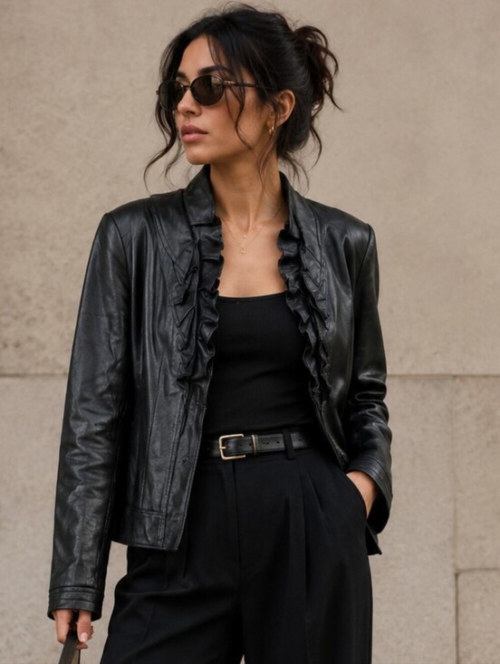 Tahari Jackets & Blazers - Tahari | Elegant Black Ruffled Women's Leather Jacket, Ptp 19 1/2"